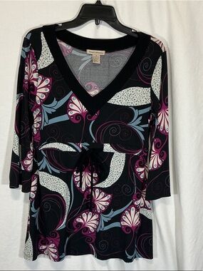 Susan Lawrence Black Floral-Print V-Neck Tie-Waist Tunic - Black/Purple/Blue